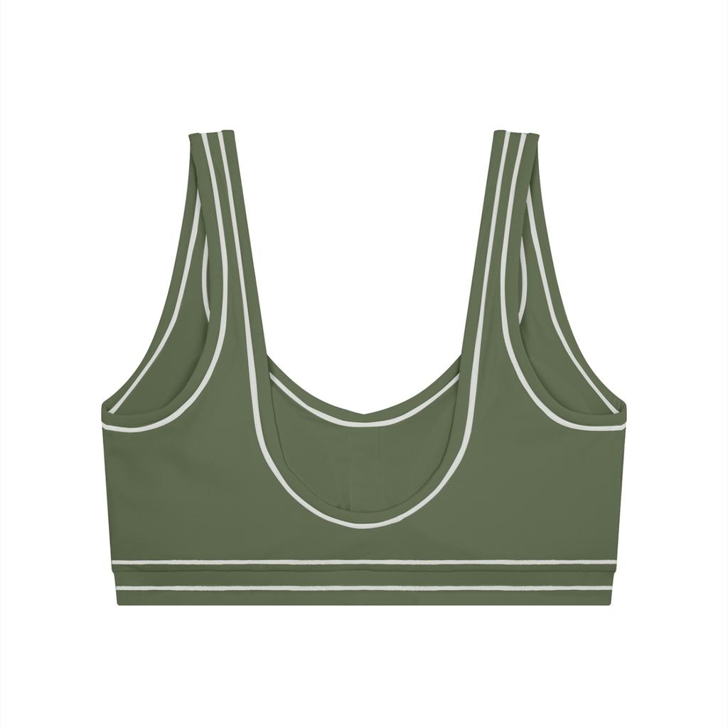 Olive green sports bra with white trim and dual shoulder straps on a white background.