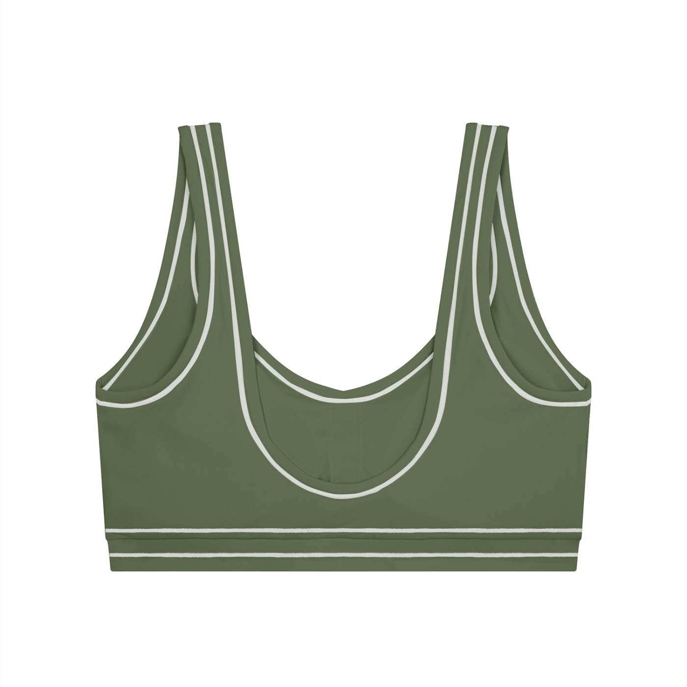 Olive green sports bra with white trim and dual shoulder straps on a white background.