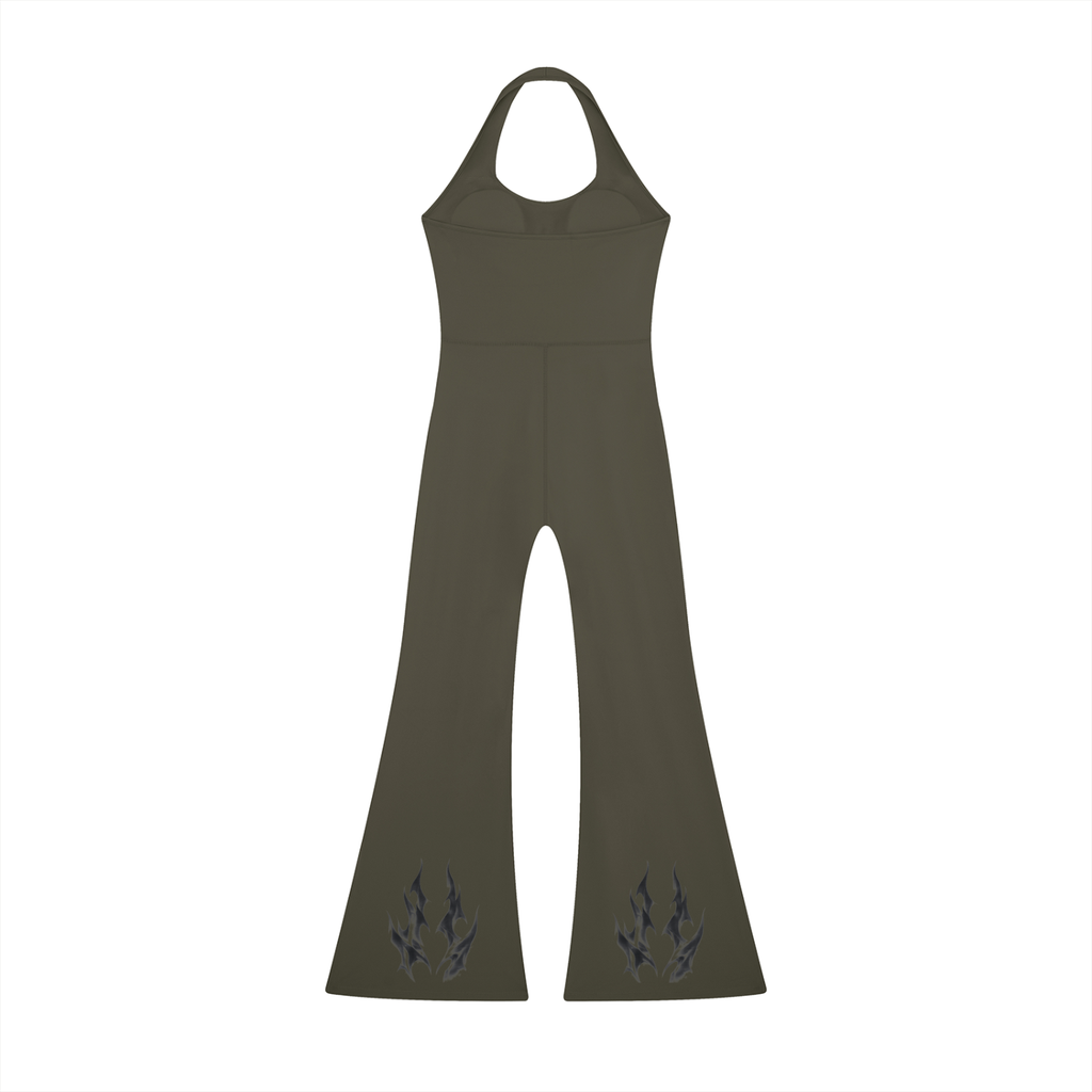 Olive green halter-neck jumpsuit with flared legs and subtle floral embroidery at the hem.