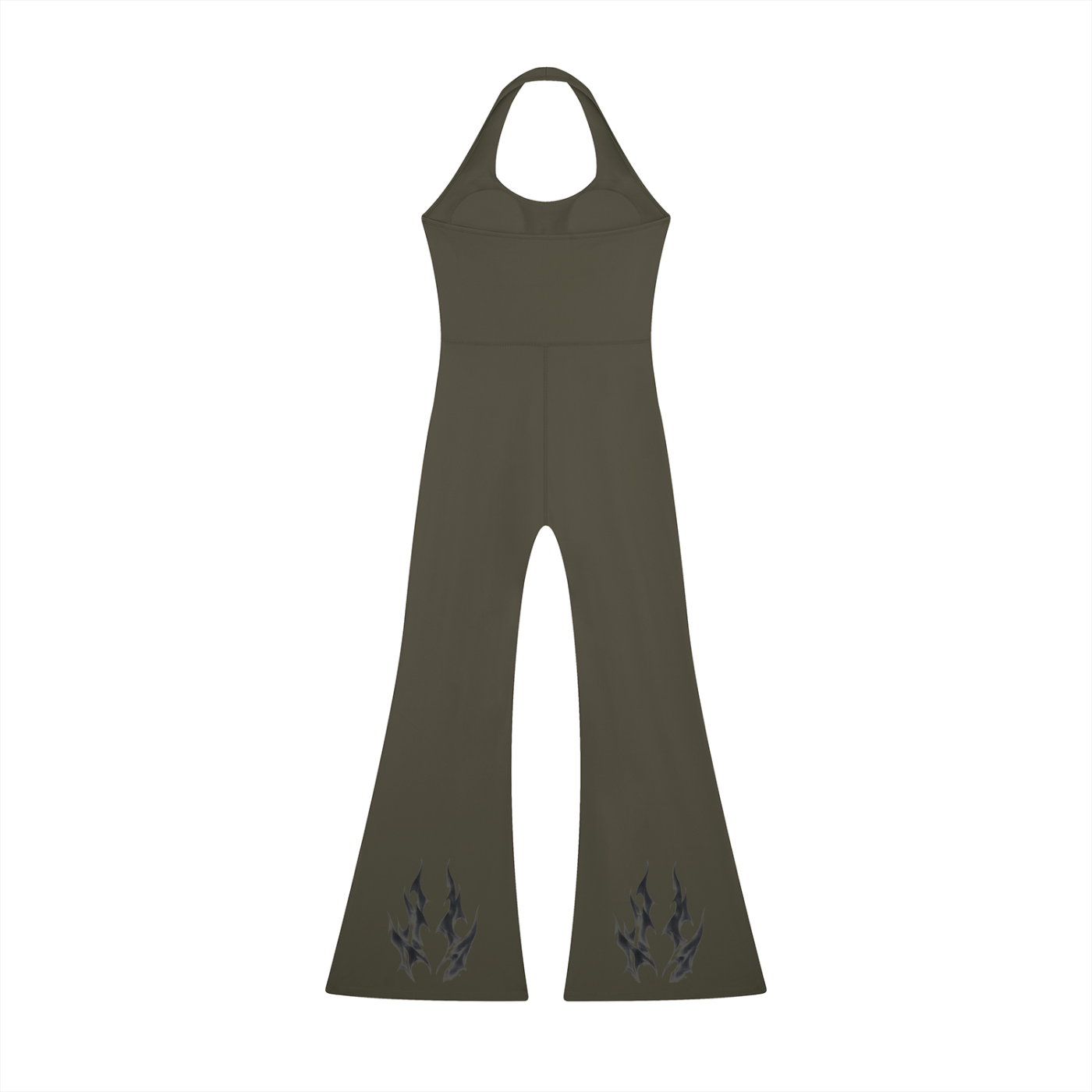 Olive green halter-neck jumpsuit with flared legs and subtle floral embroidery at the hem.