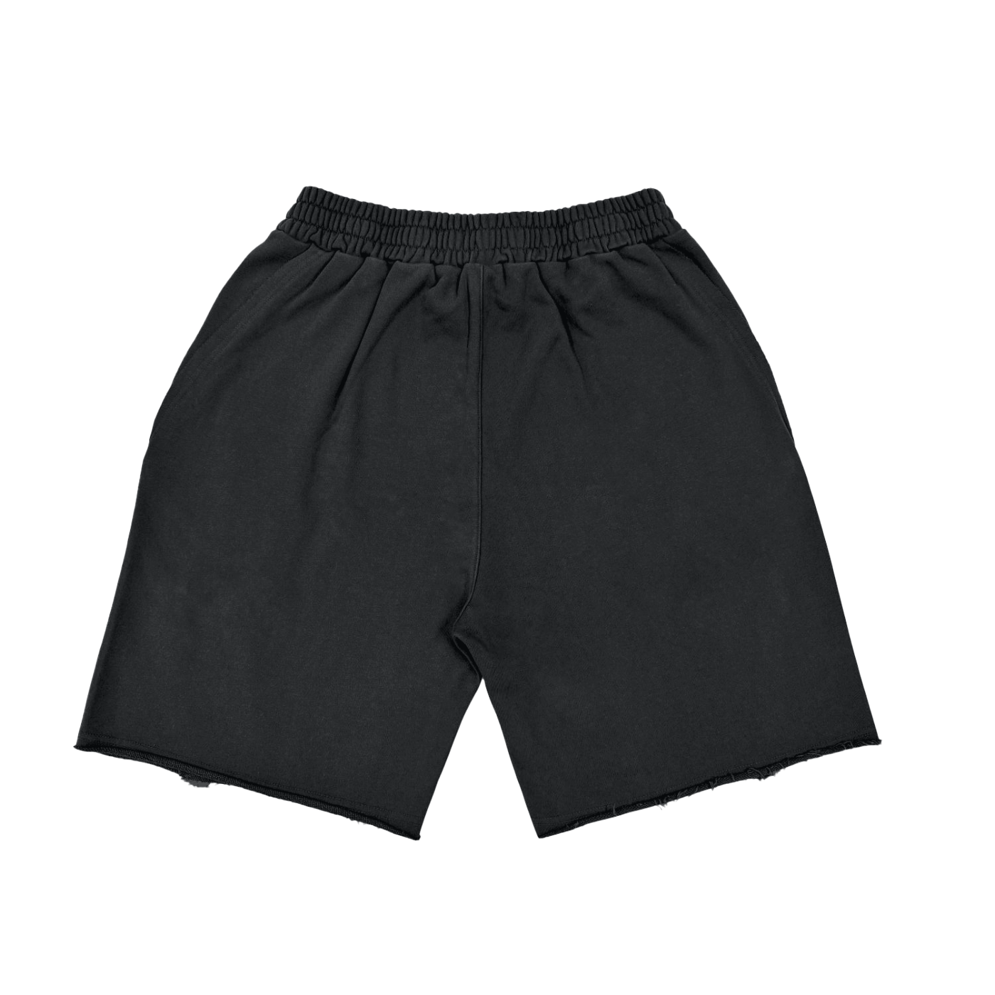 Black shorts with an elastic waistband and slightly frayed hem.