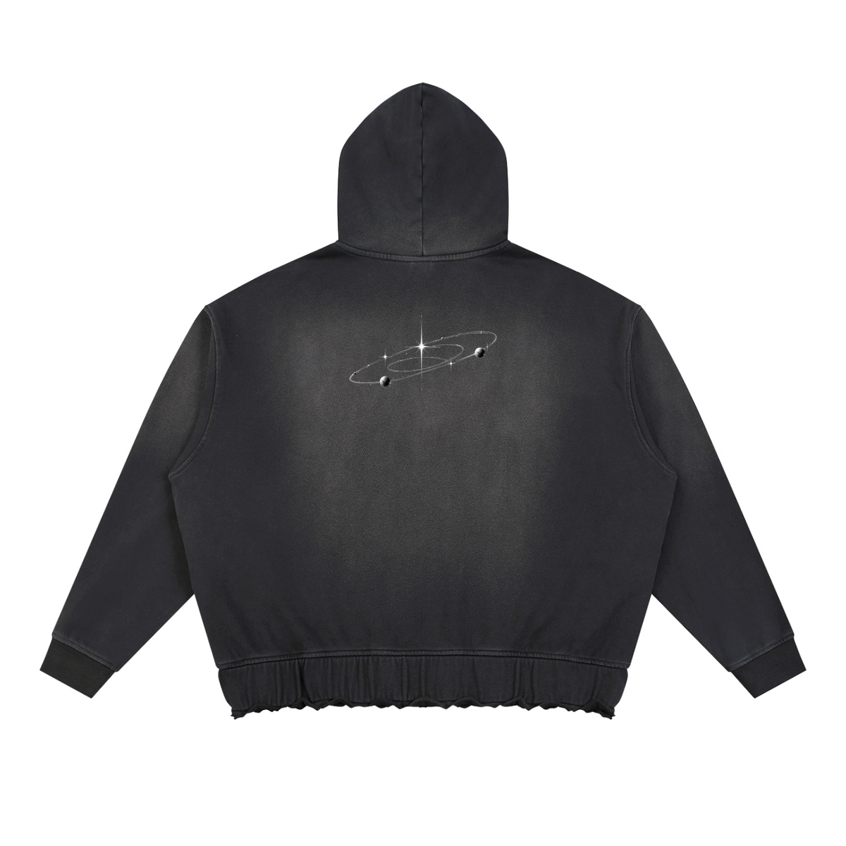 Black hoodie with sparkling, ringed planet design on the back, and ribbed cuffs and hem.