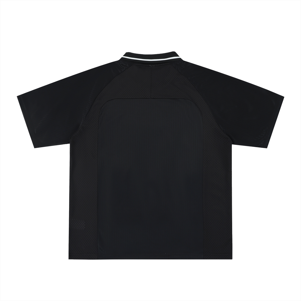Black short-sleeve shirt with white collar trim, shown from the back on a plain white background.