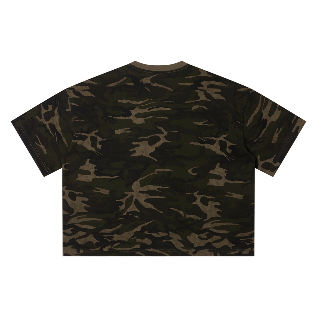 Camouflage-patterned T-shirt with shades of green, brown, and black, viewed from the back.