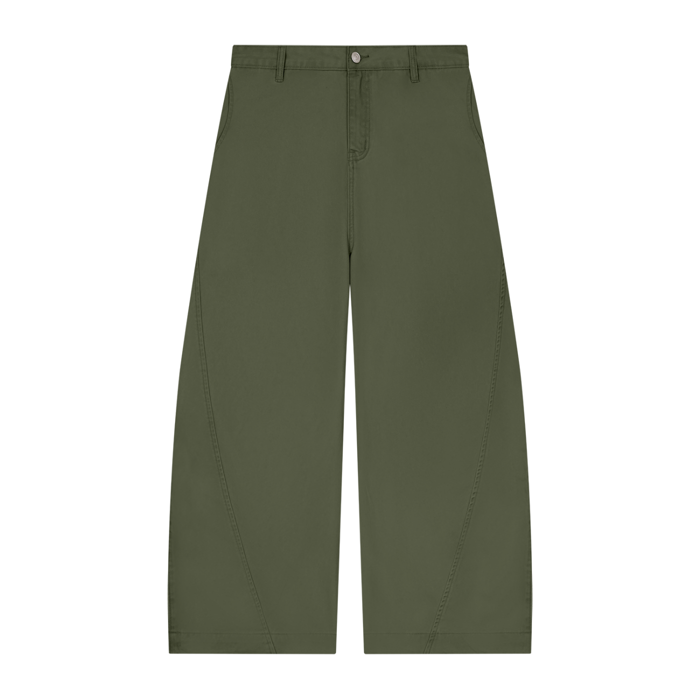 Olive green wide-leg pants with a button and zip closure.