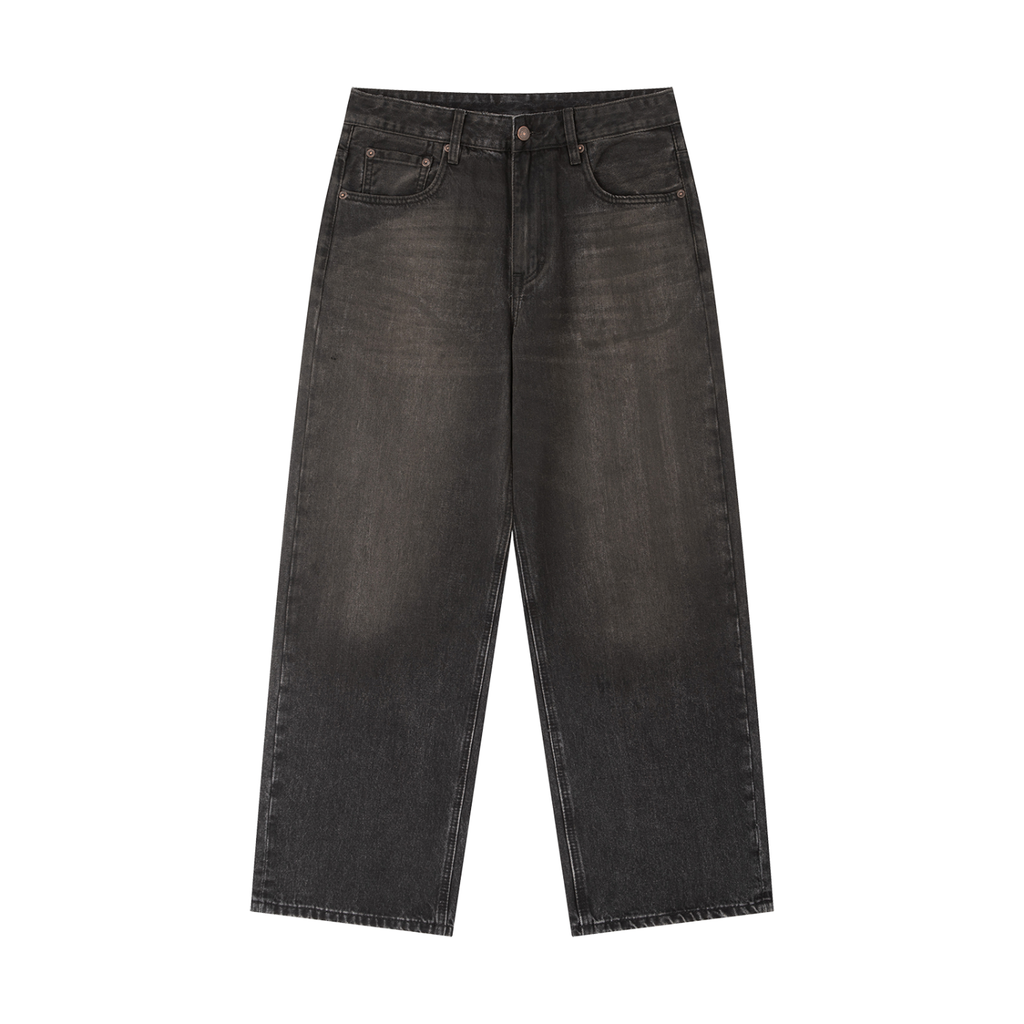 Wide-leg black jeans with a faded wash, five pockets, and button closure.