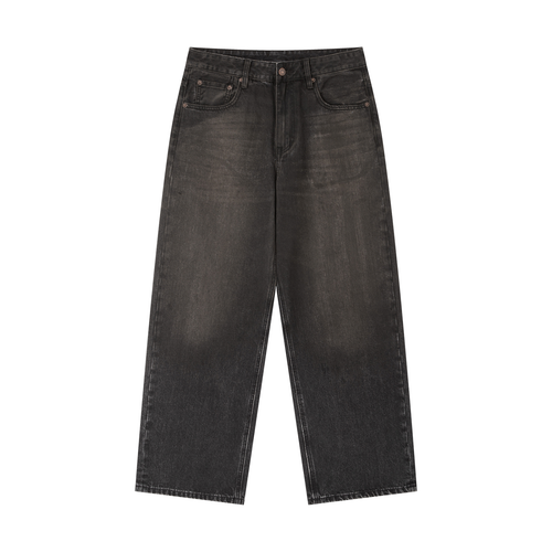 Wide-leg black jeans with a faded wash, five pockets, and button closure.