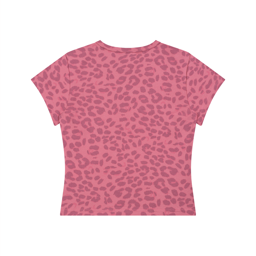 Pink T-shirt with a leopard print pattern in darker pink shades, displayed against a white background.