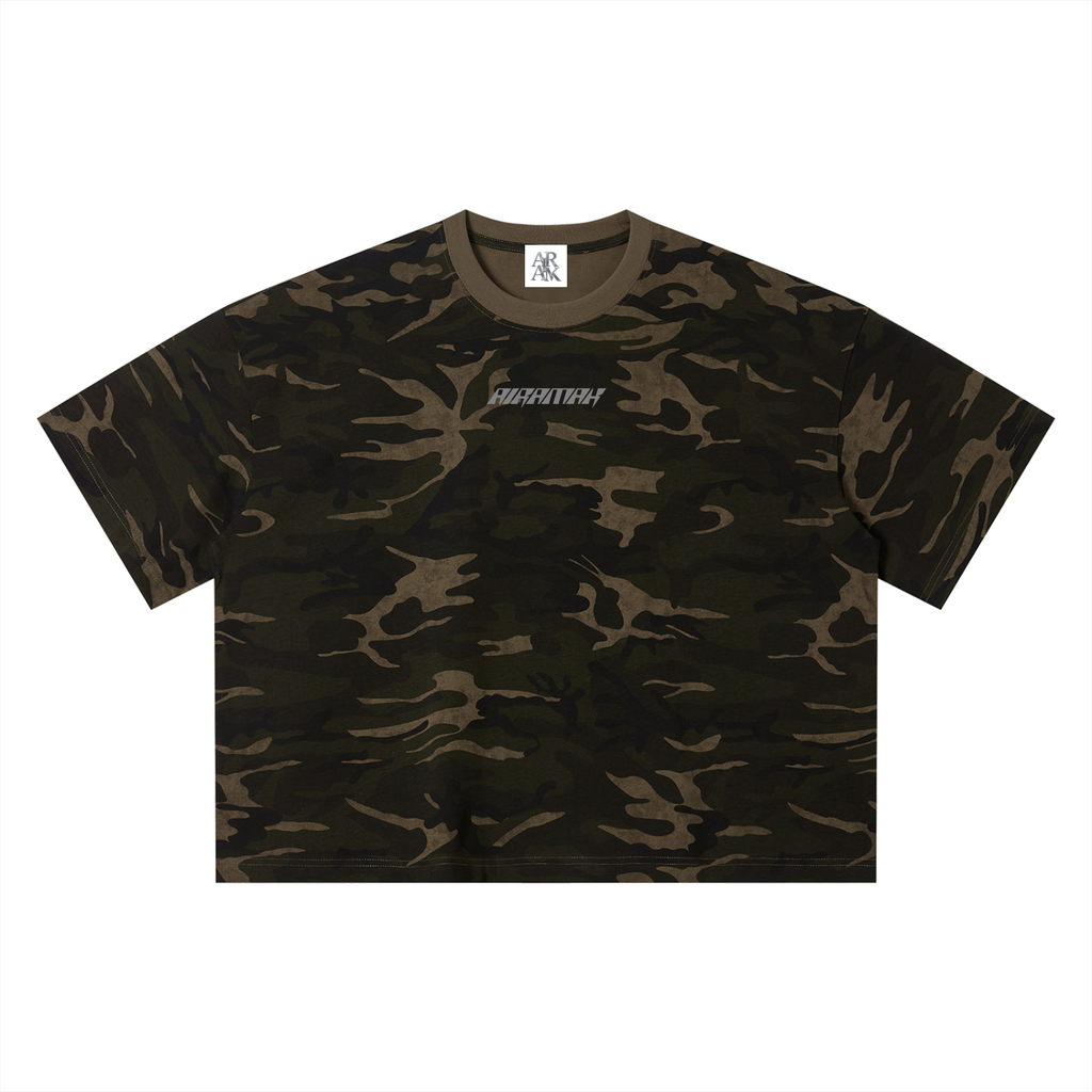 Camouflage-patterned T-shirt in dark green and brown with a small white logo on the chest.