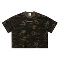Camouflage-patterned T-shirt in dark green and brown with a small white logo on the chest.