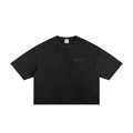 Black oversized T-shirt with short sleeves, crew neck, and subtle logo on the front.