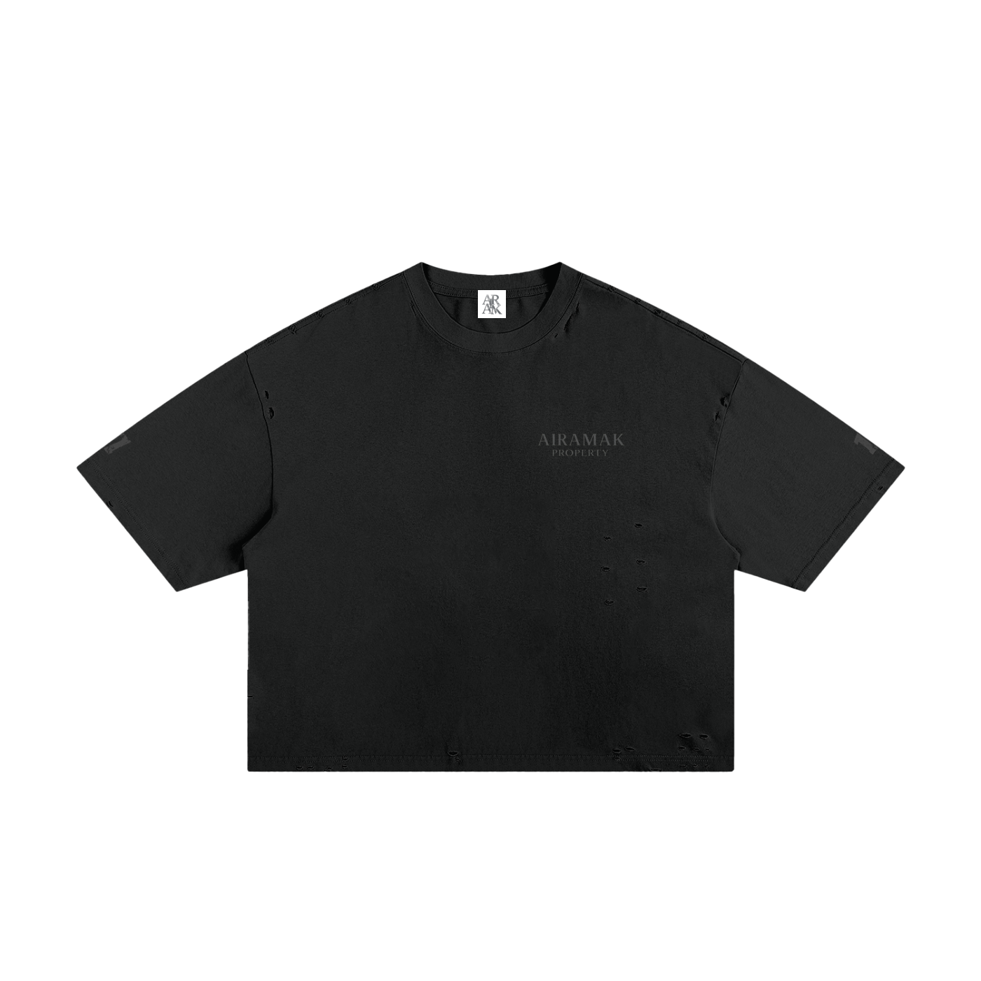 Black oversized T-shirt with short sleeves, crew neck, and subtle logo on the front.