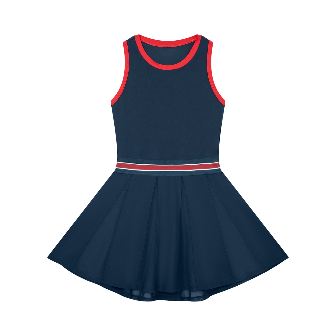 Sleeveless navy dress with red trim and a flared skirt, featuring a striped waistband.