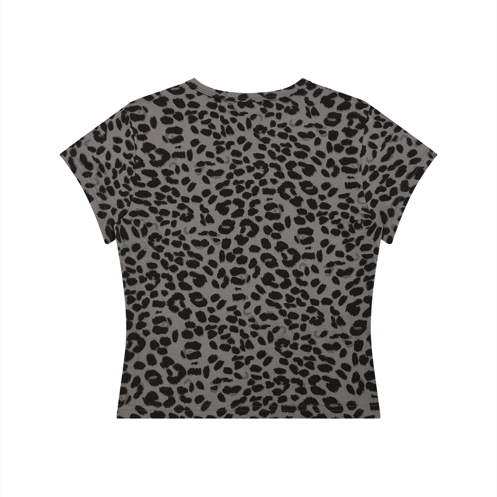 Gray T-shirt with black leopard print pattern, short sleeves, and a round neckline.