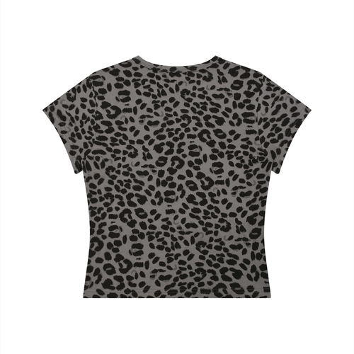 Gray T-shirt with black leopard print pattern, short sleeves, and a round neckline.