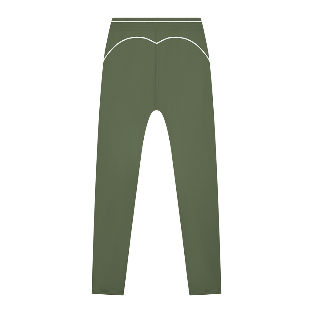 Olive green leggings with white piping detail on the waistband and hips, seen from the back.