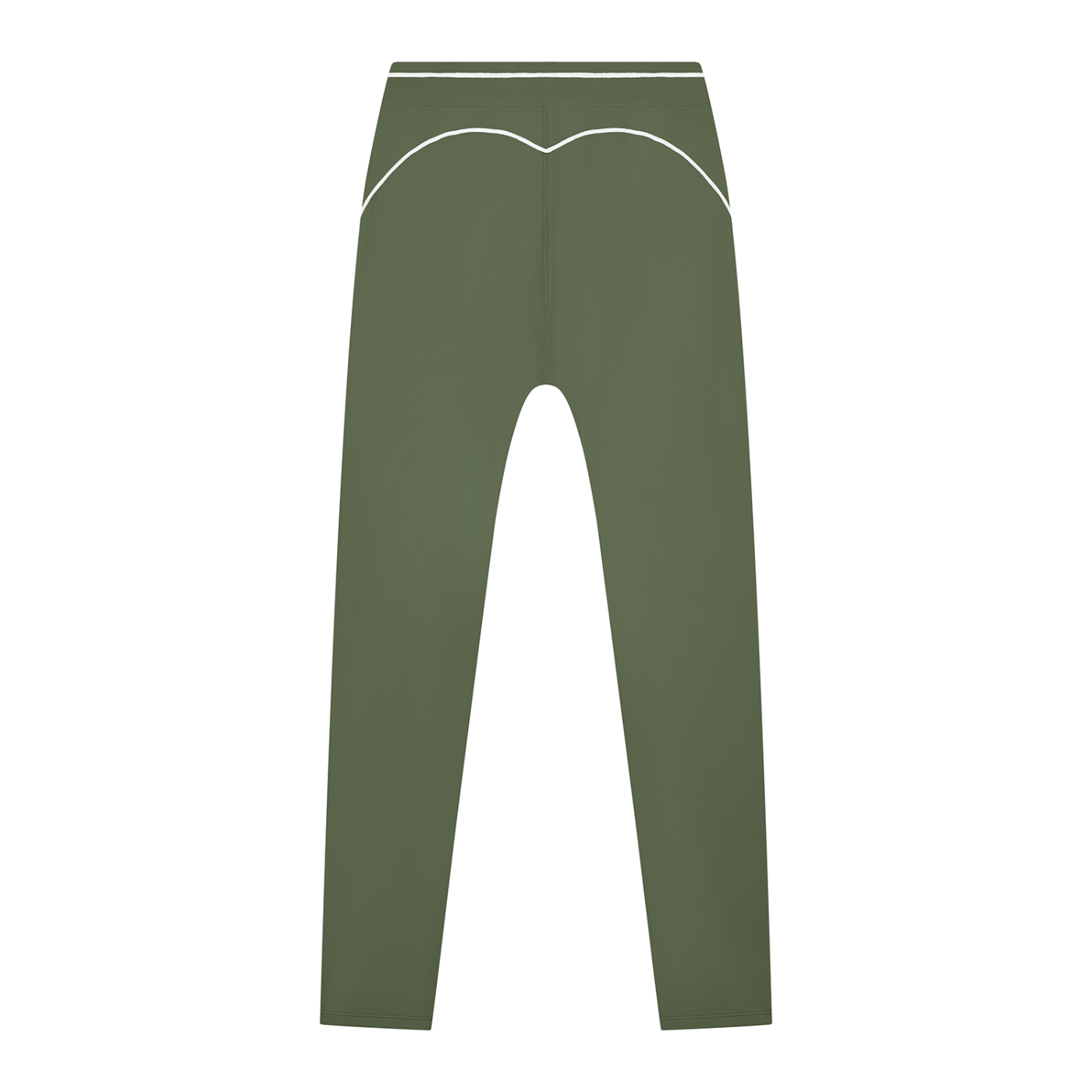 Olive green leggings with white piping detail on the waistband and hips, seen from the back.