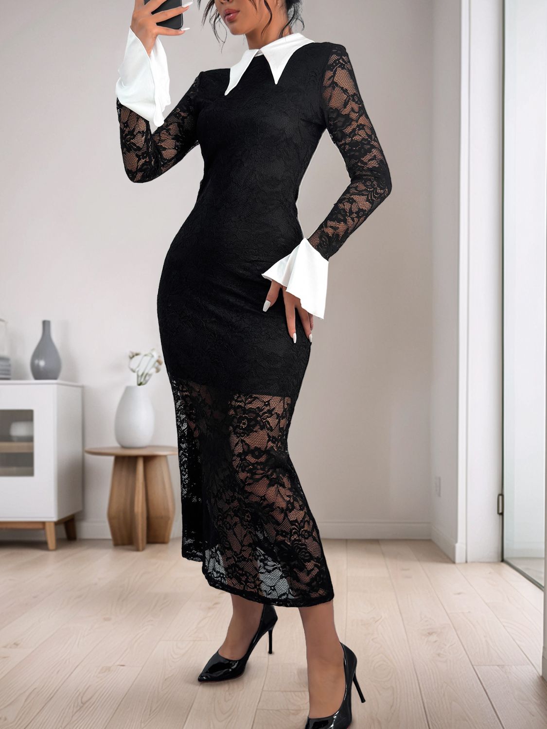 Lace Contrast Collared Neck Long Sleeve Midi Dress