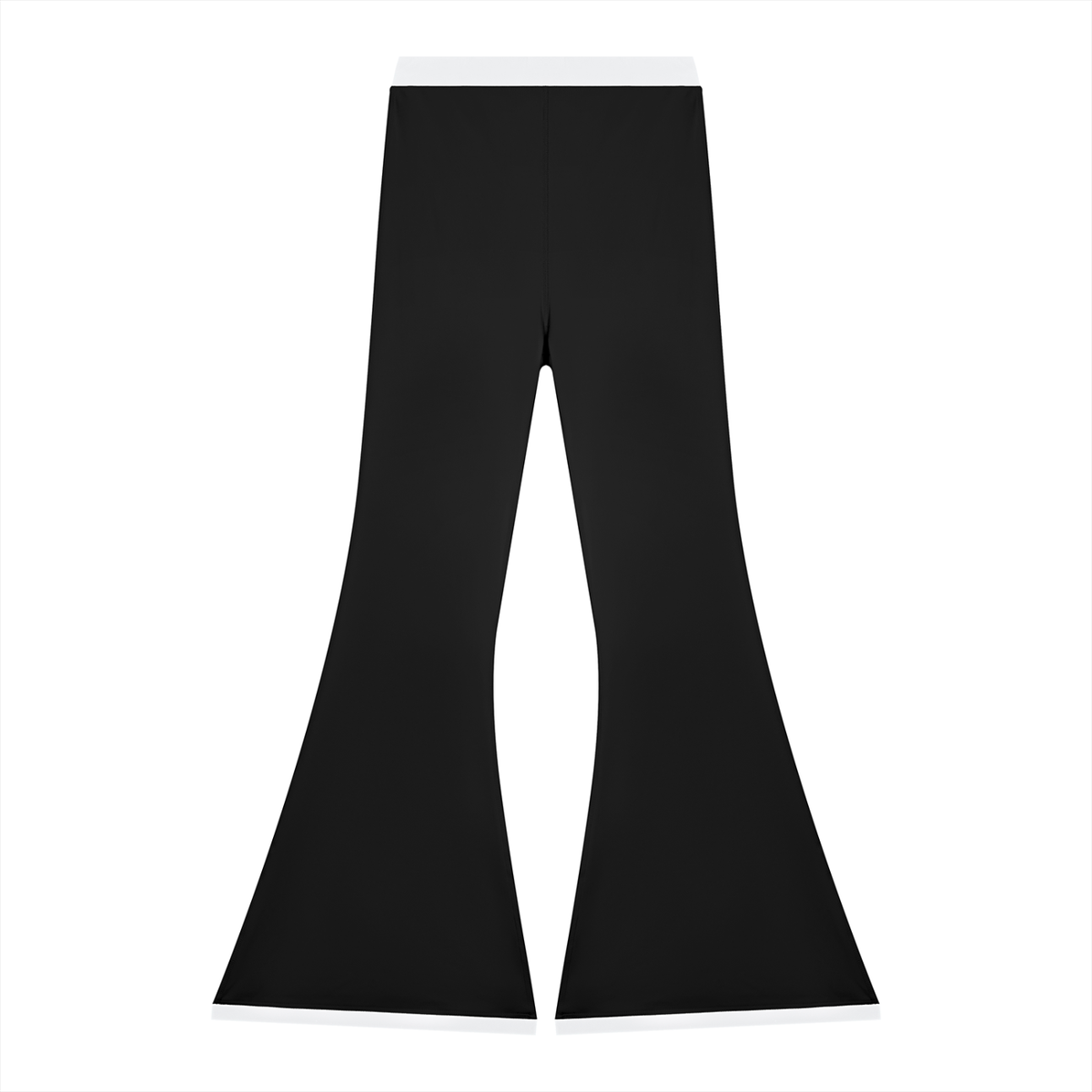 Black flared pants with a wide leg, set against a plain white background.