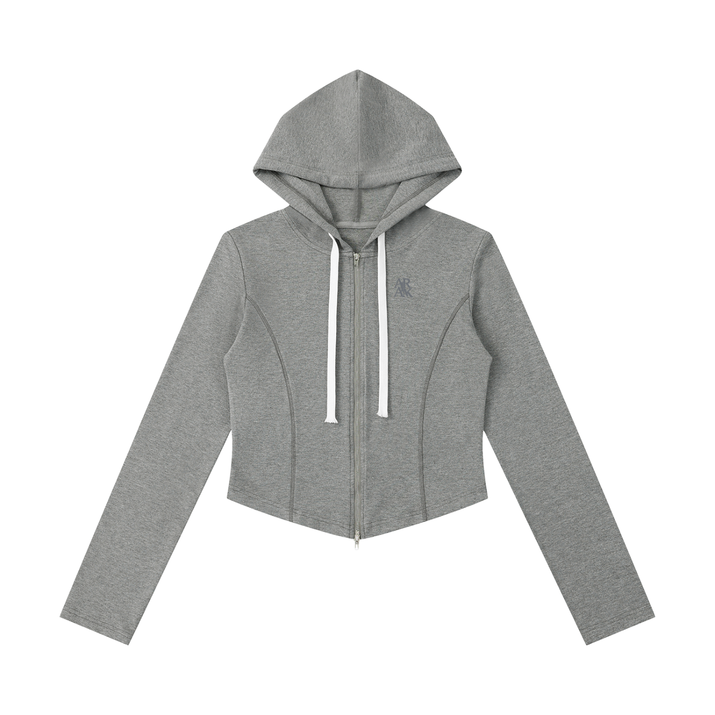 Gray hooded jacket with white drawstrings, long sleeves, and a front zipper.