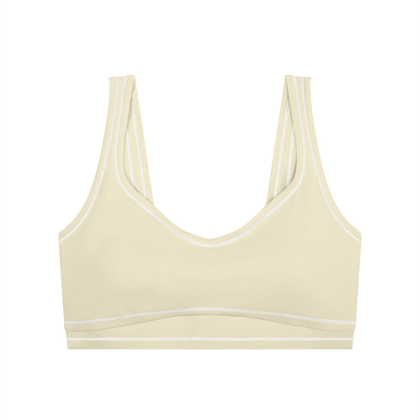 Cream-colored sports bra with double shoulder straps and a scoop neckline.