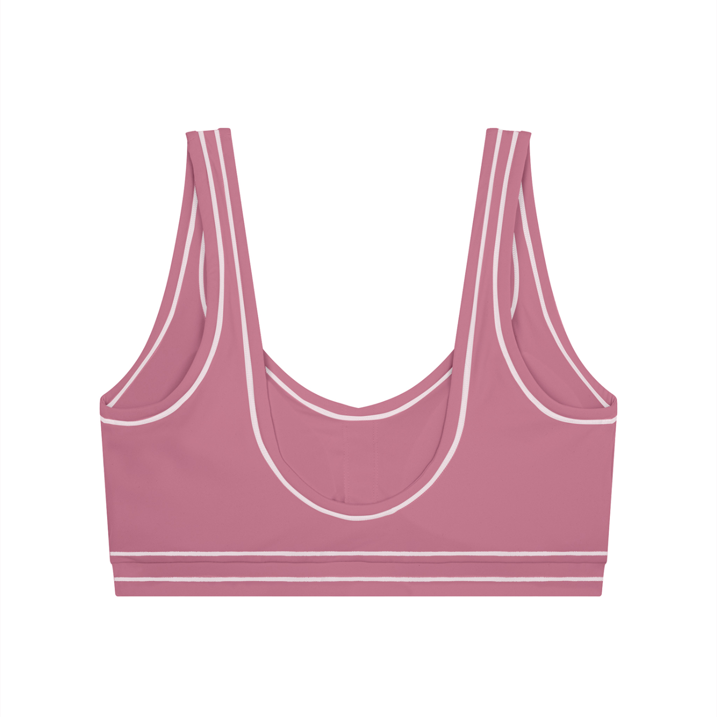 Pink sports bra with white piping and double straps on a white background.