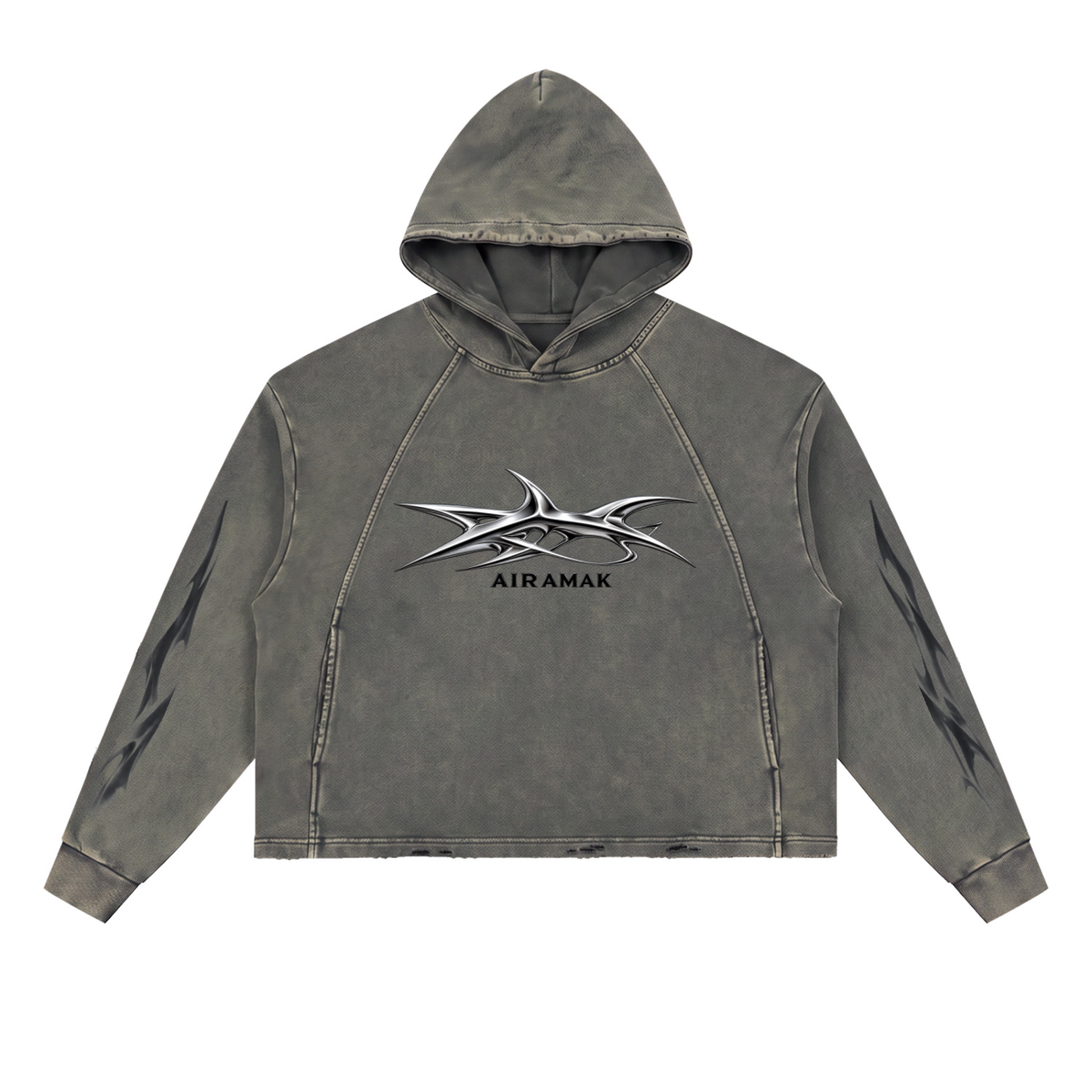 Gray hooded sweatshirt with tribal designs on sleeves and chest, featuring the word "AIRAMAX."