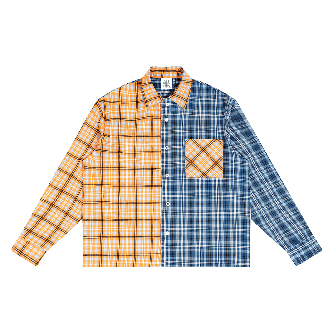 Half yellow, half blue plaid shirt with long sleeves and a chest pocket.