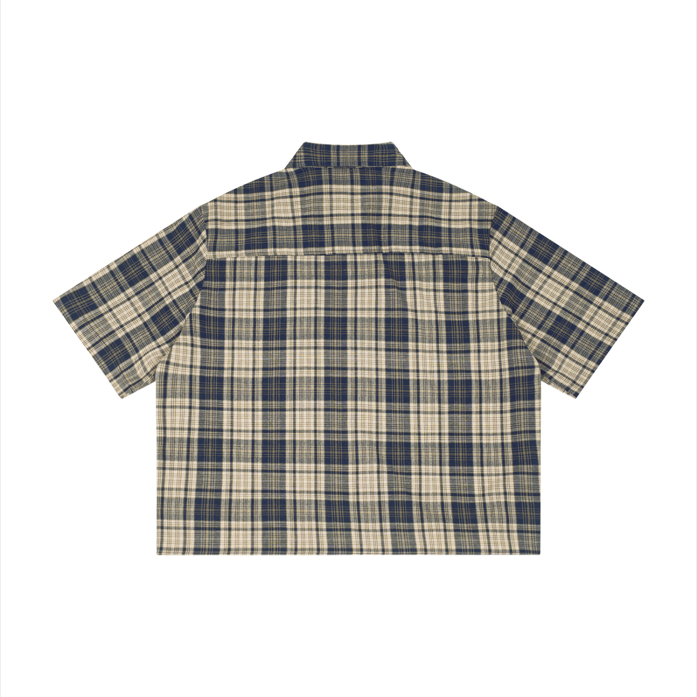 Beige and navy plaid short-sleeve shirt, viewed from the back, with a collar.