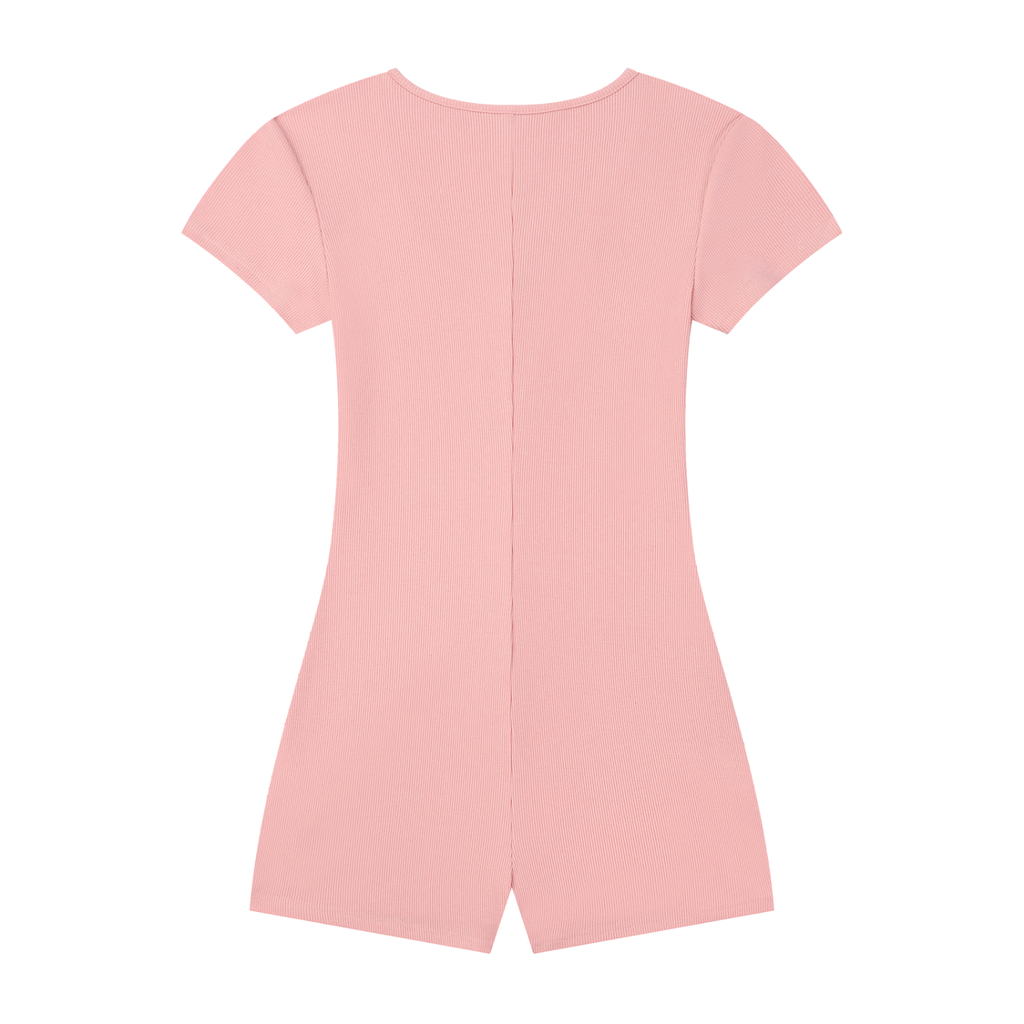 Pink short-sleeve romper with a crew neckline and a center seam down the back.