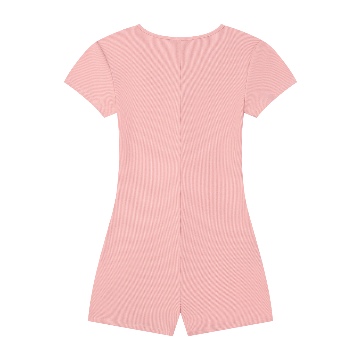 Pink short-sleeve romper with a crew neckline and a center seam down the back.