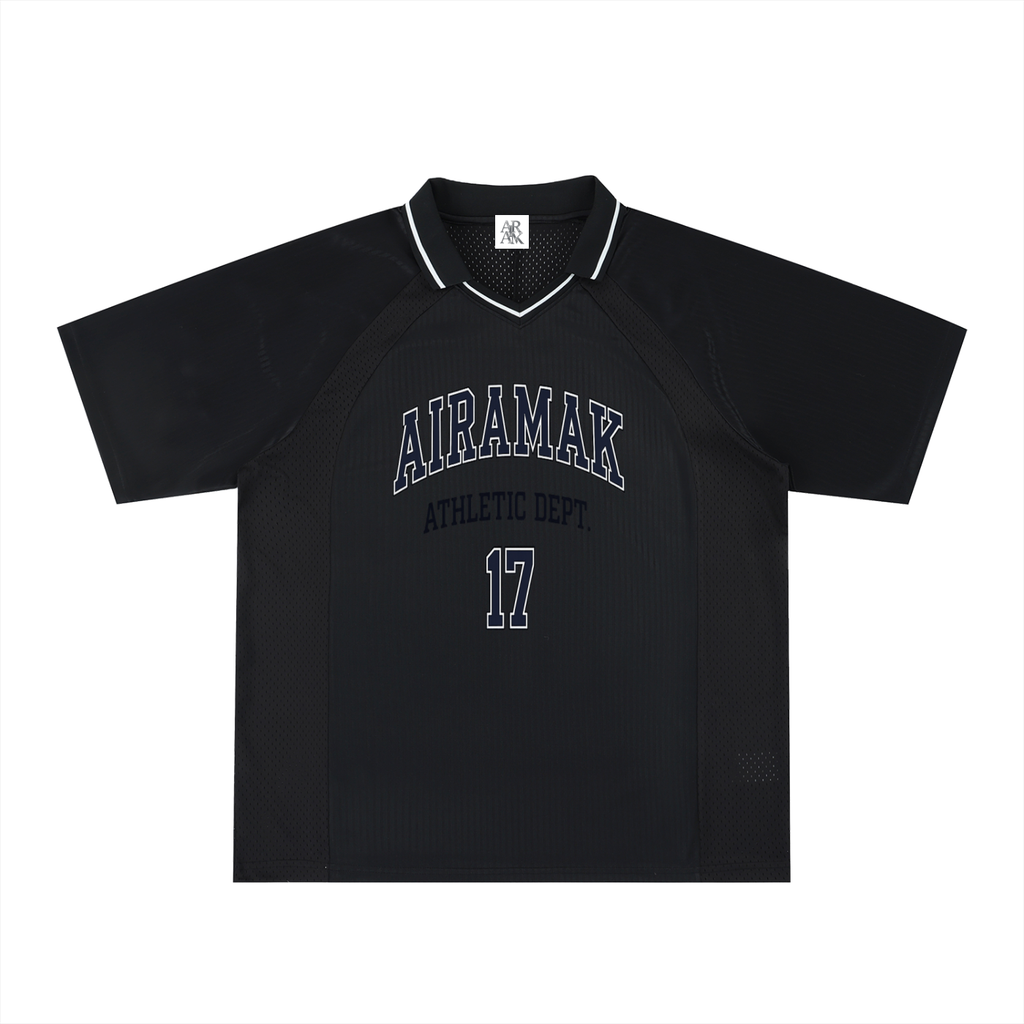 Black sports jersey with "AIRAMAK ATHLETIC DEPT. 17" in white lettering on the front.