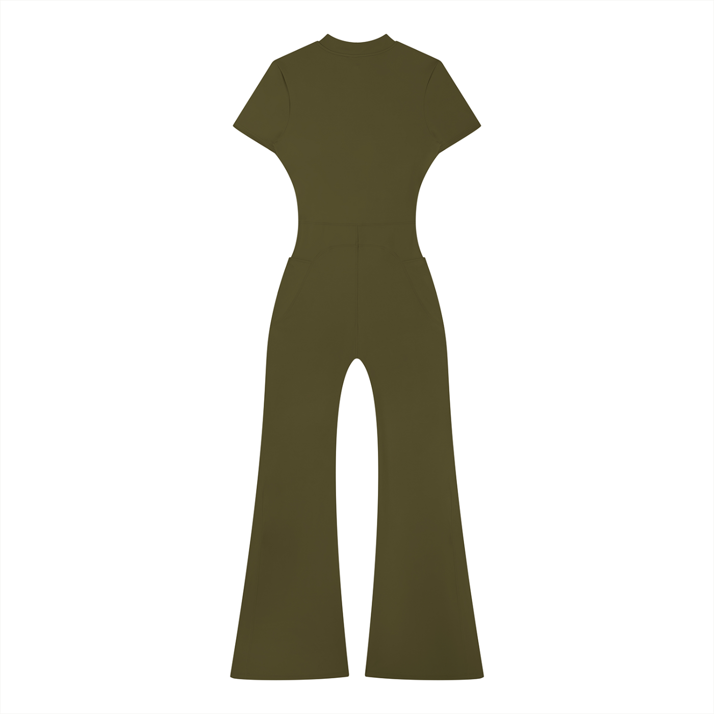 Olive green jumpsuit with short sleeves and flared legs on a white background.