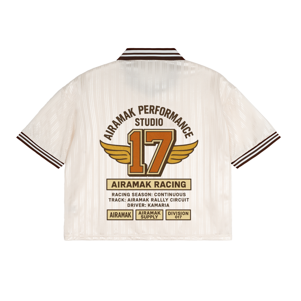 White shirt with "Airamak Performance Studio 17" and racing graphics in brown and gold.