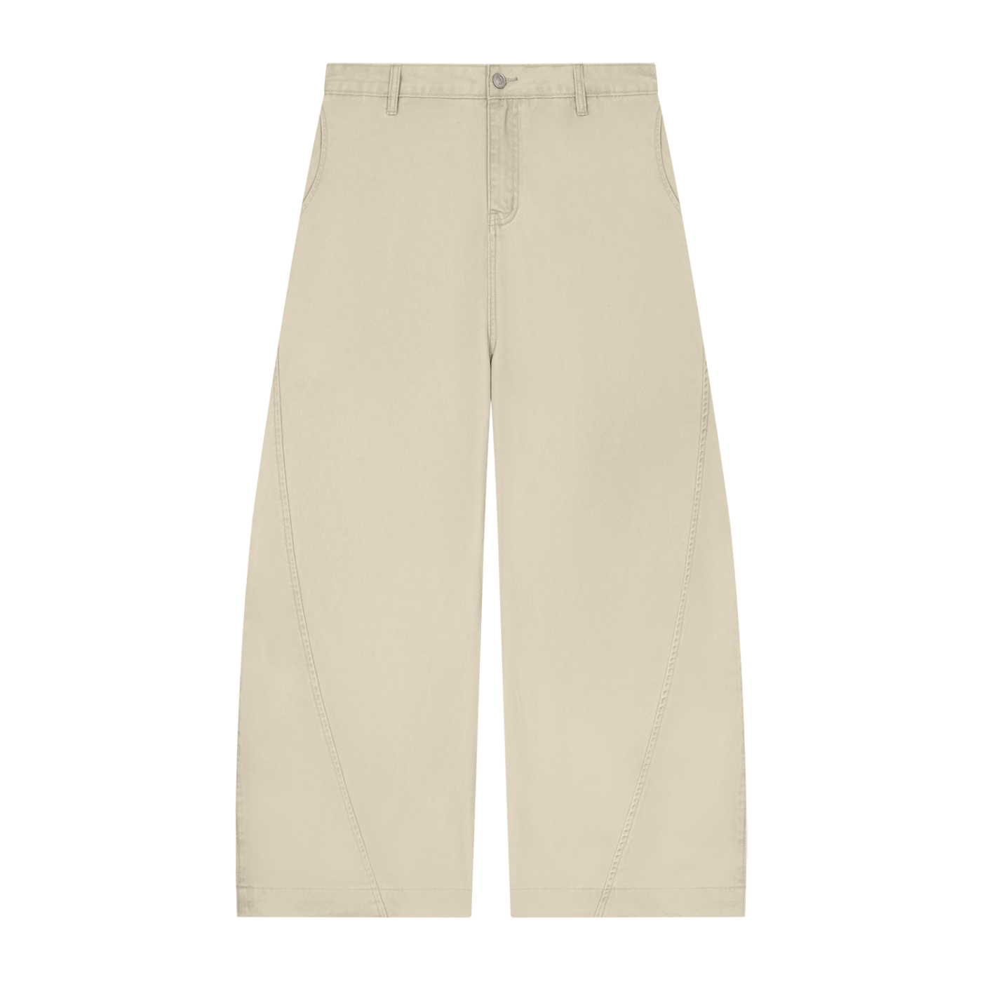 Beige wide-leg pants with a high waist, front button, and zipper closure.