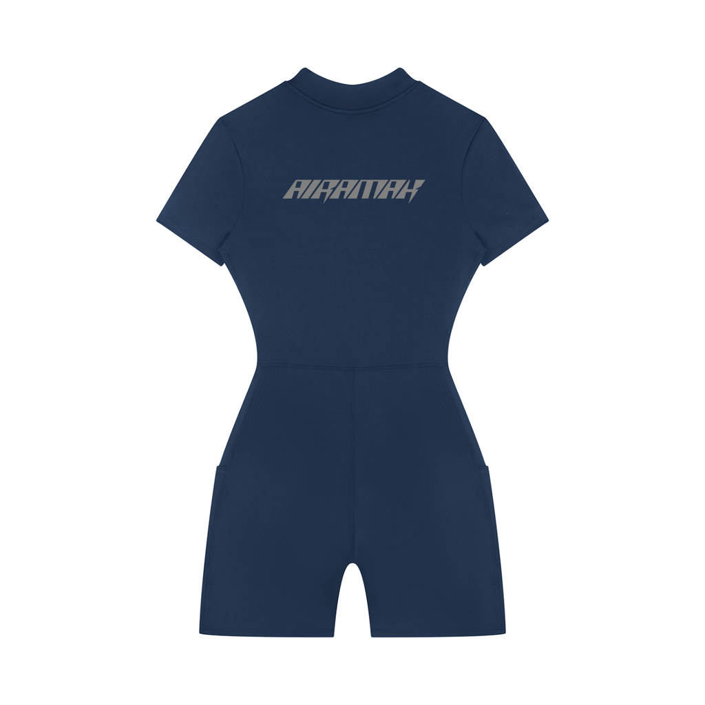 Navy blue short-sleeve romper with white text on the back and a fitted waist.
