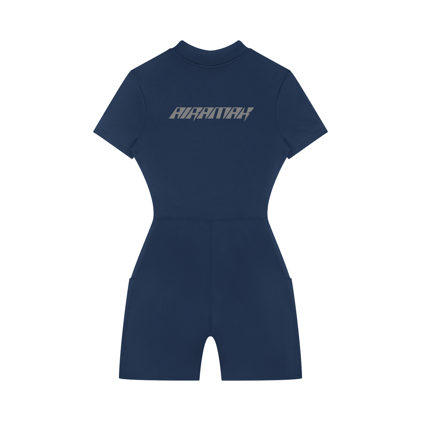 Navy blue short-sleeve romper with white text on the back and a fitted waist.