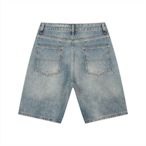 Light blue denim shorts with two large back pockets and faded details.