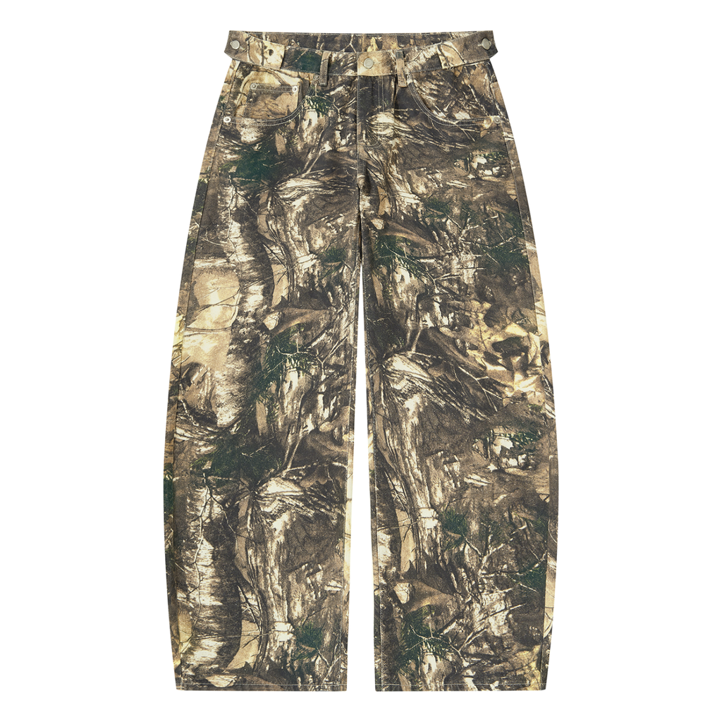 Camo pants with green, brown, and beige patterns, wide legs, and a high waist.