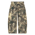 Camo pants with green, brown, and beige patterns, wide legs, and a high waist.
