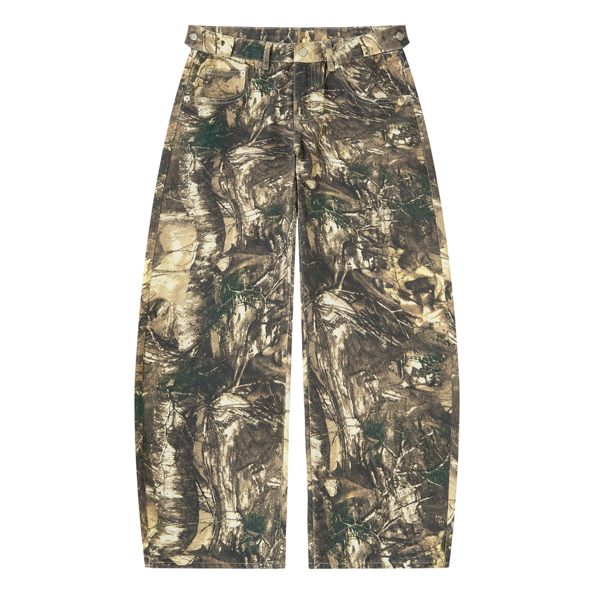 Camo pants with green, brown, and beige patterns, wide legs, and a high waist.