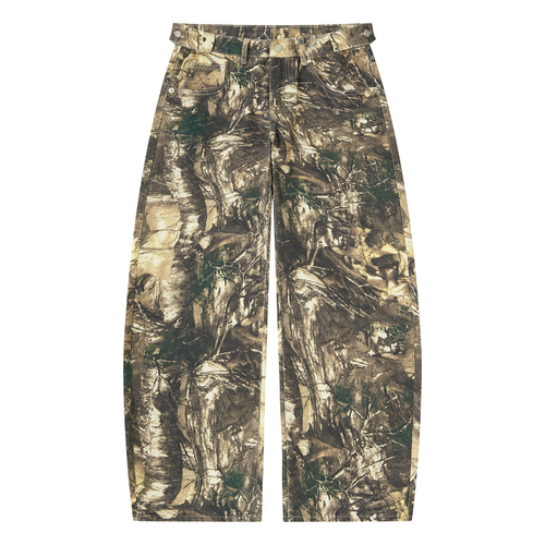 Camo pants with green, brown, and beige patterns, wide legs, and a high waist.