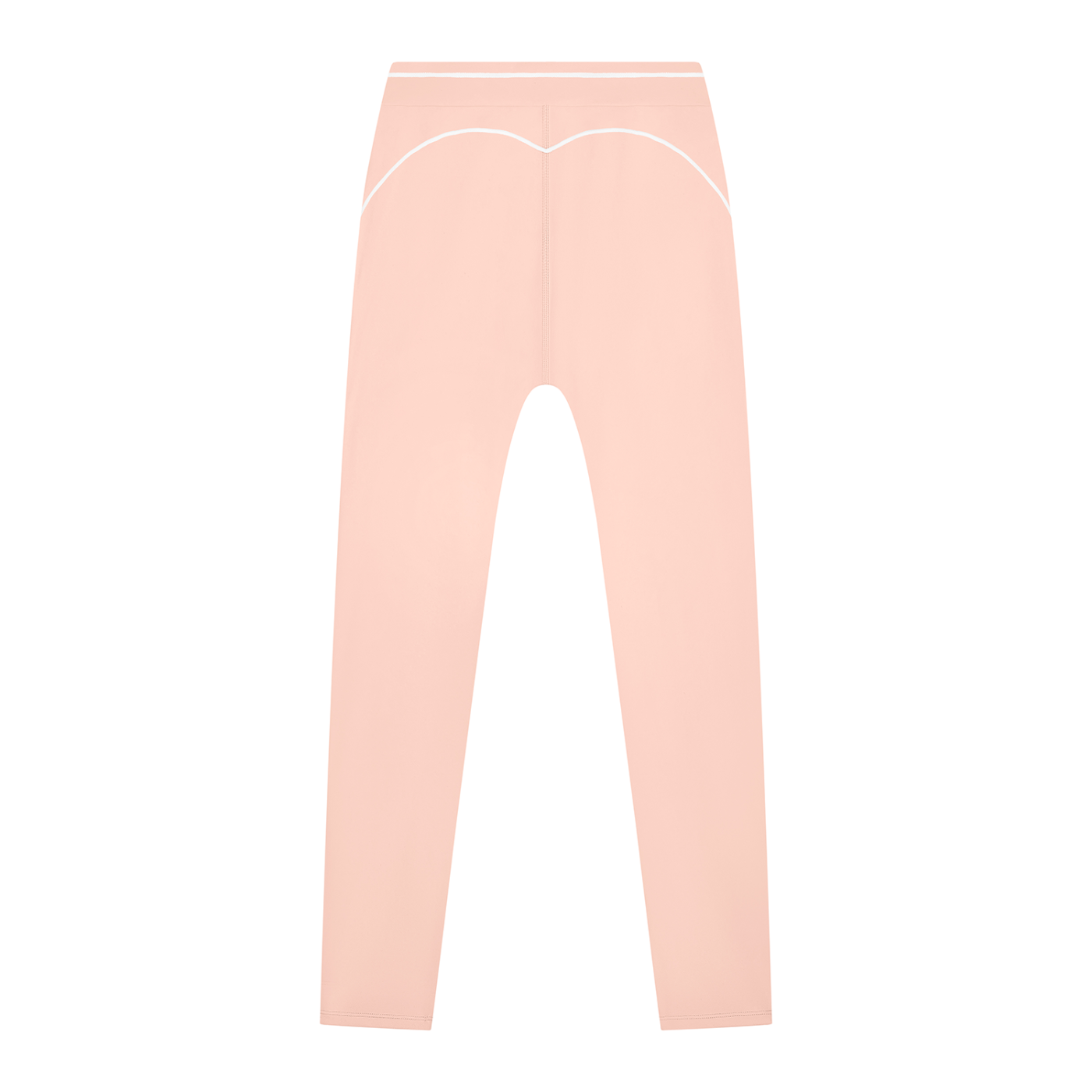 Peach leggings with white piping detail at the waist, displayed on a white background.