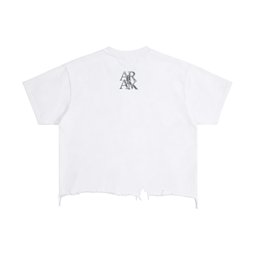 White t-shirt with distressed hem and gray "ARM" text on the back.