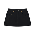 Black mini skirt with front pockets, gold studs, and button closure.