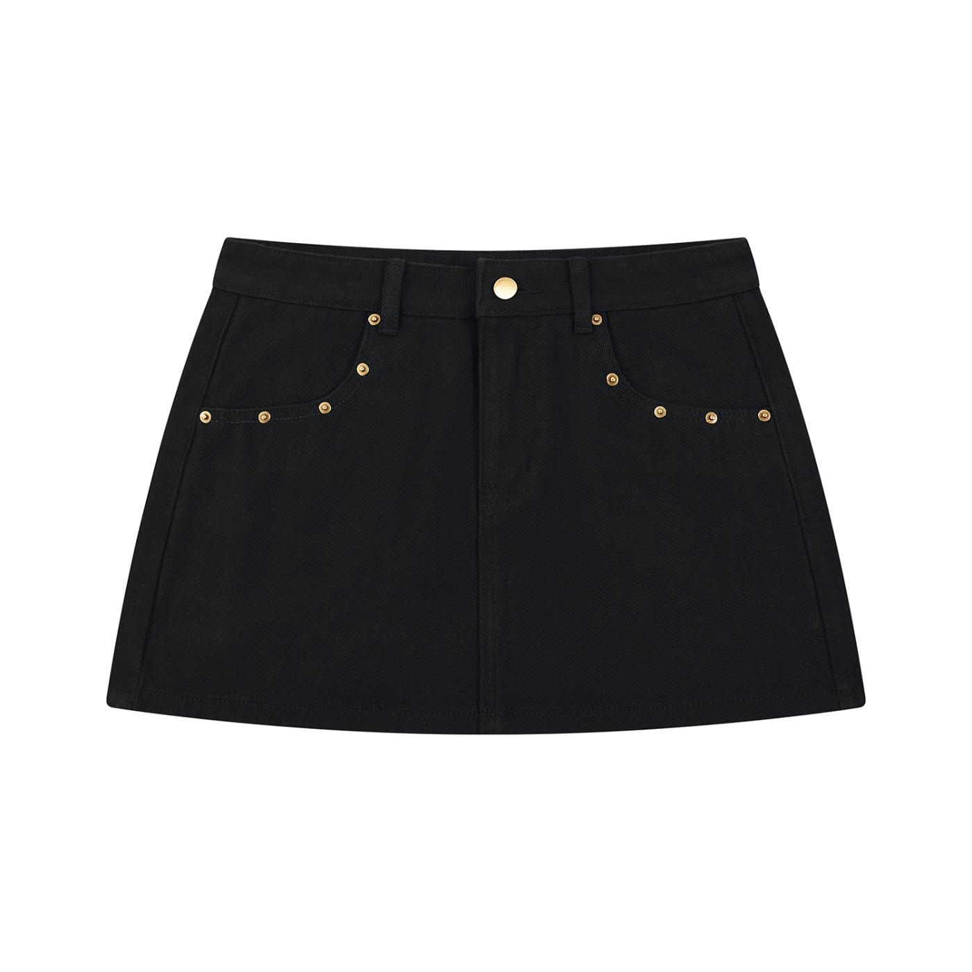 Black mini skirt with front pockets, gold studs, and button closure.