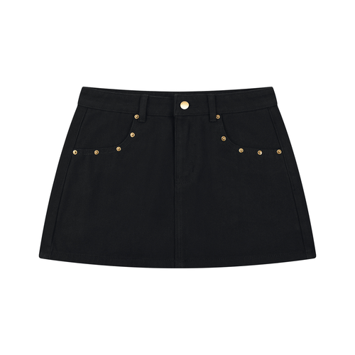 Black mini skirt with front pockets, gold studs, and button closure.