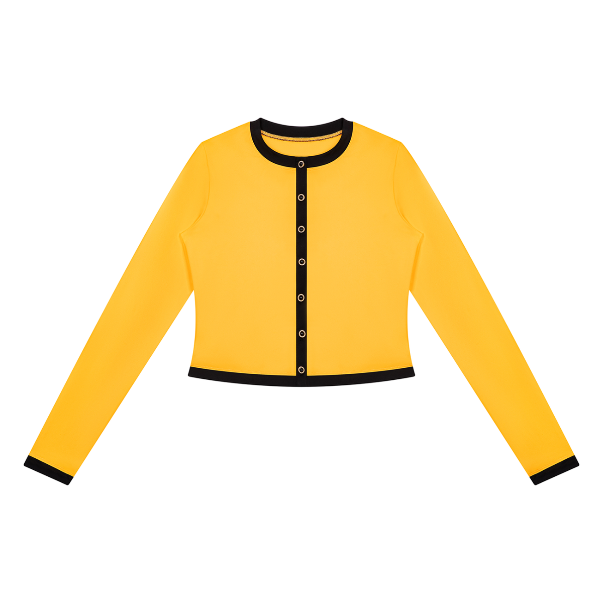 Yellow long-sleeve cardigan with black trim and buttons.