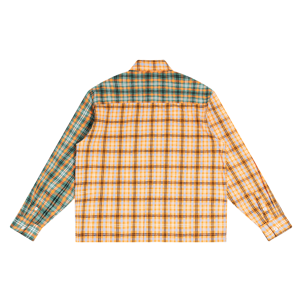 Back view of a plaid shirt with a mix of orange, yellow, and green patterns.