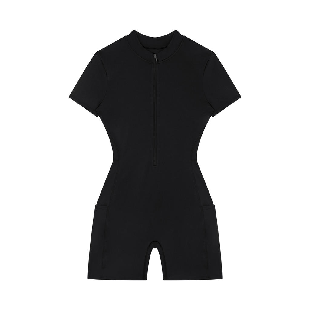 Black, short-sleeve jumpsuit with front zipper, fitted waist, and mid-thigh length.